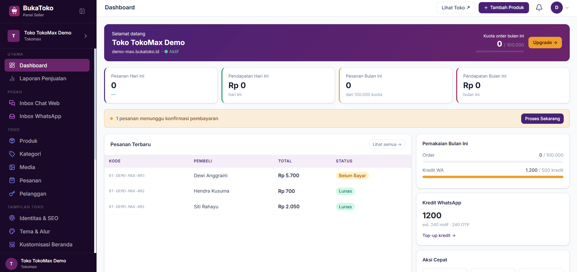 Dashboard BukaToko.ID — panel seller toko online