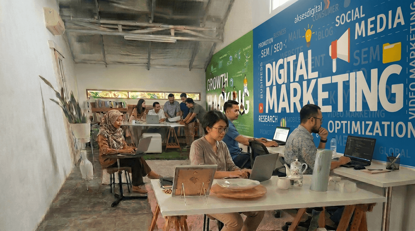 Tim Akses Digital bekerja di kantor dengan mural Digital Marketing dan Growth Hacking