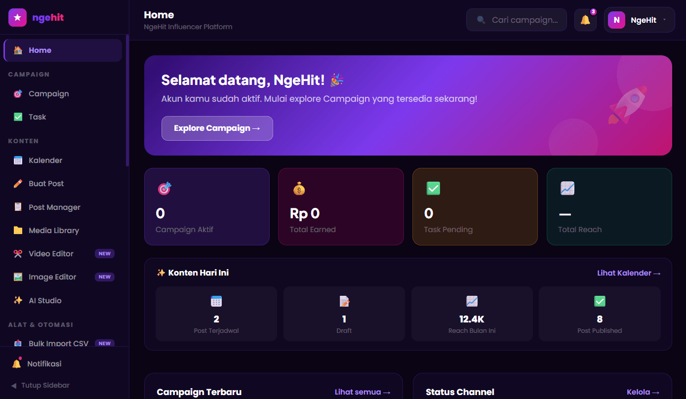 Dashboard NgeHit — platform social media management